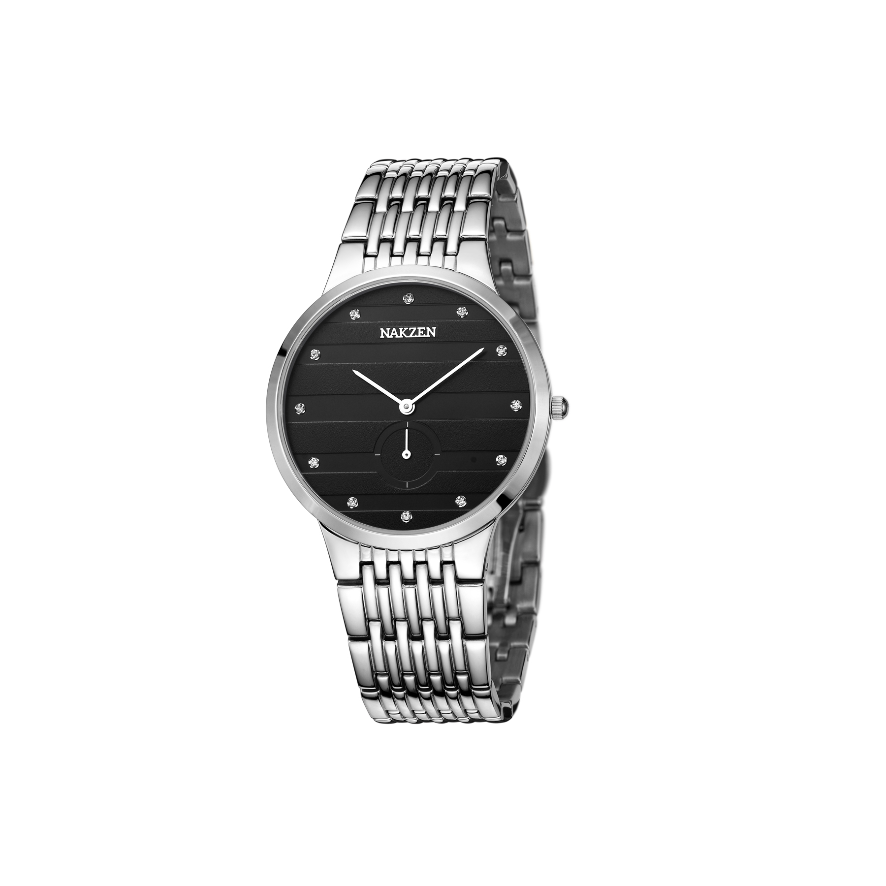 NAKZEN ダイヤモンドデザイン日本クォーツメンズ腕時計ブラックスリムステンレス鋼時計SS4036G-1