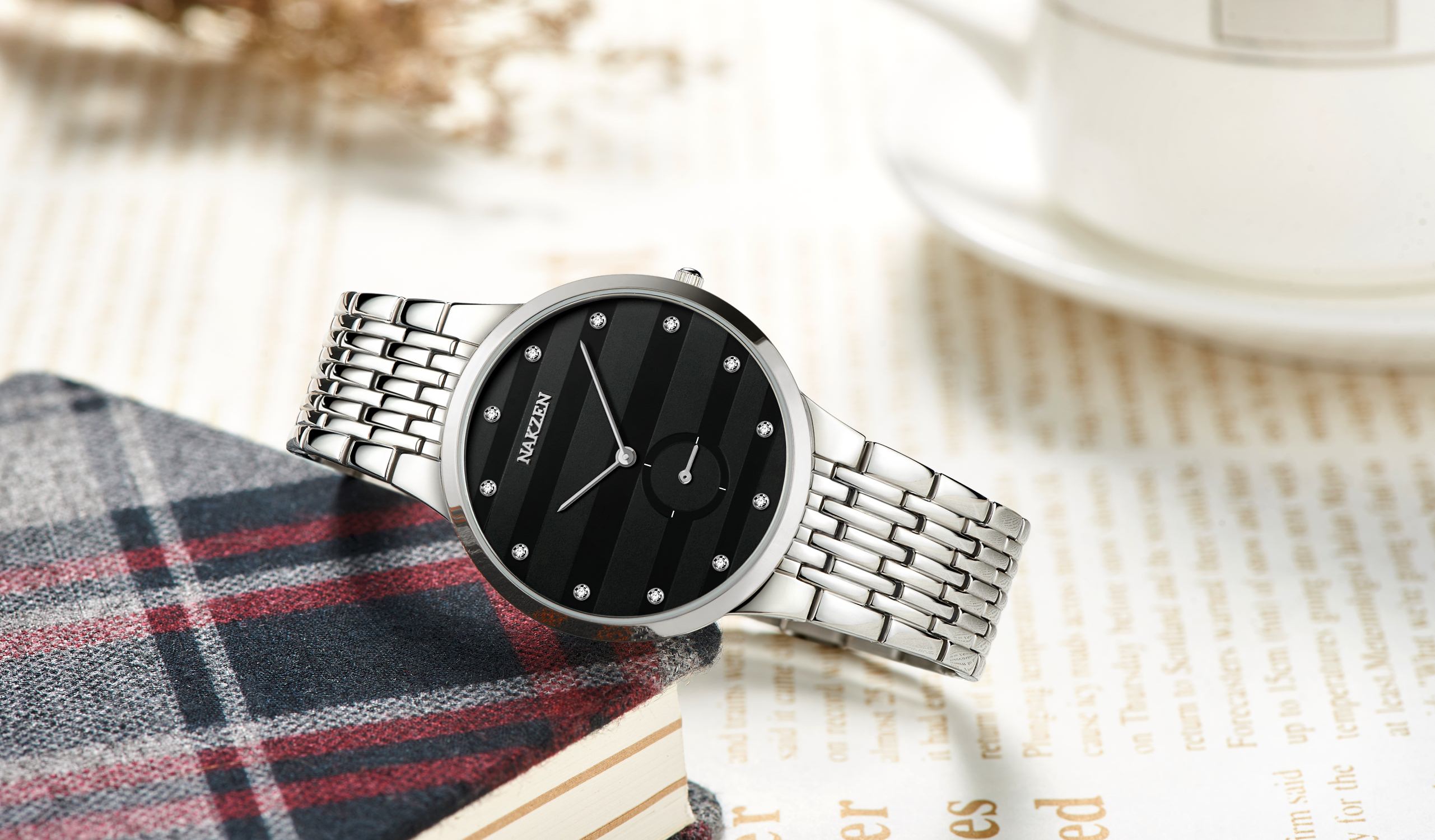  NAKZEN ダイヤモンドデザイン日本クォーツメンズ腕時計ブラックスリムステンレス鋼時計SS4036G-1  